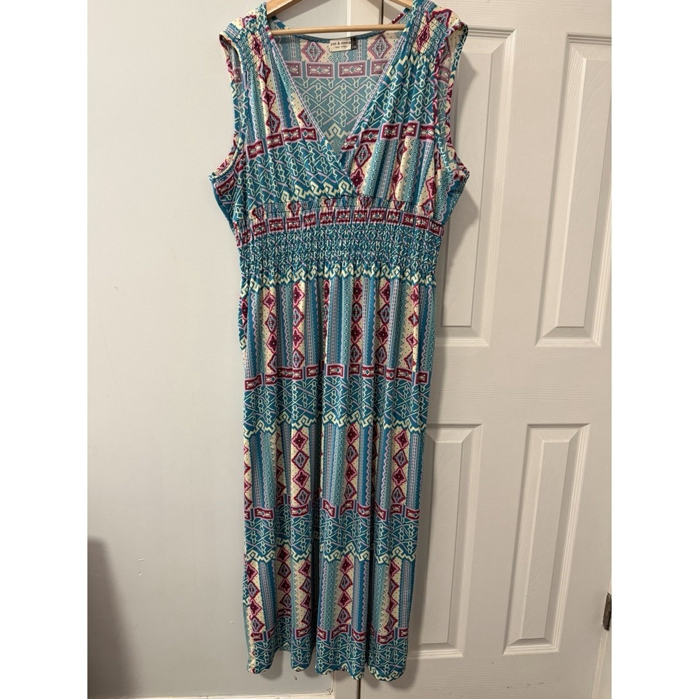 Jon & Anna Maxi Jersey Dress Sz 3X Aztec Geometric Western Smocked Lagenlook